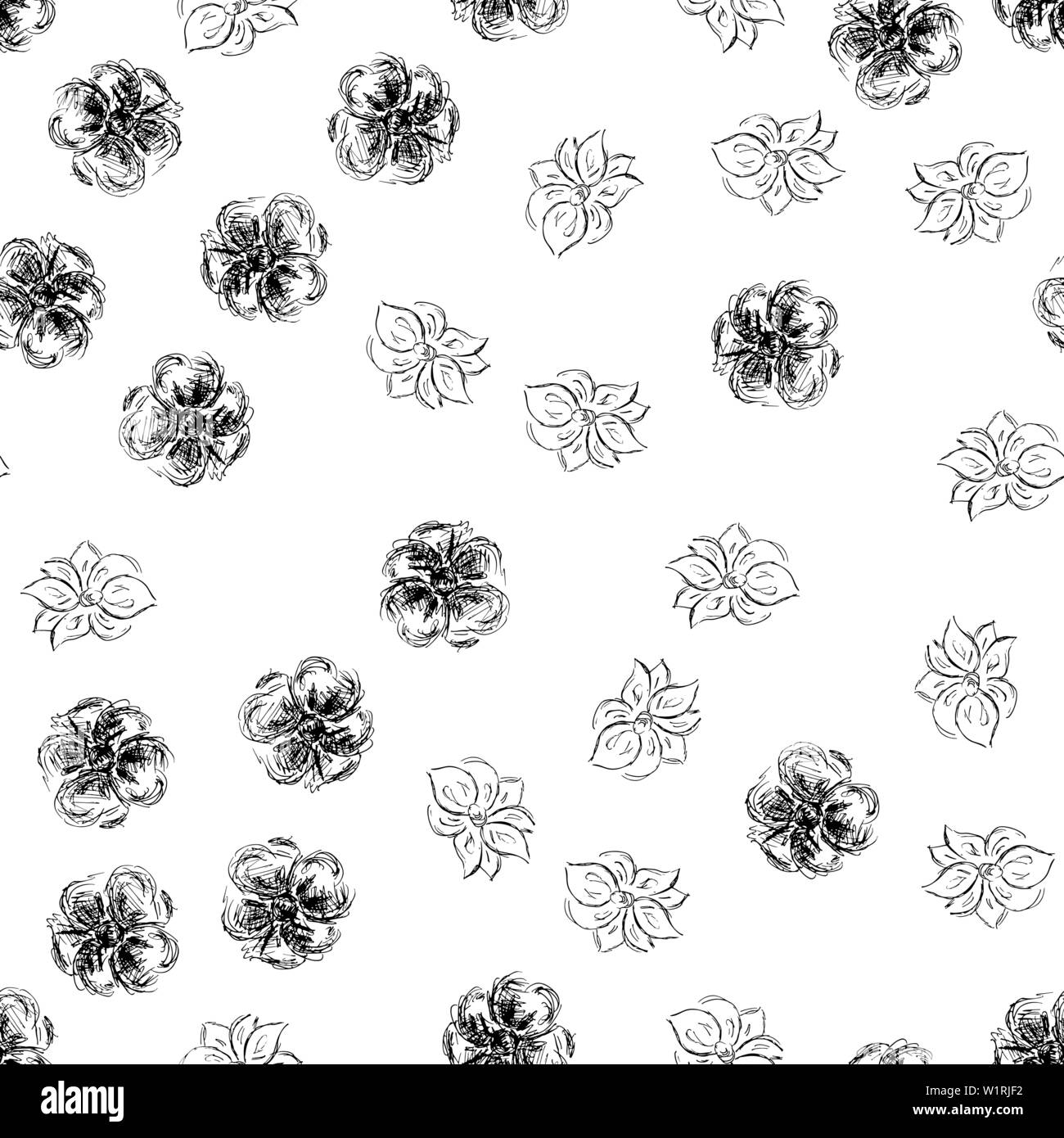 Seamless hand drawn pattern of abstract rose flowers isolated on white background. Vector floral illustration. Outline floral seamless pattern. Outlin Stock Vector