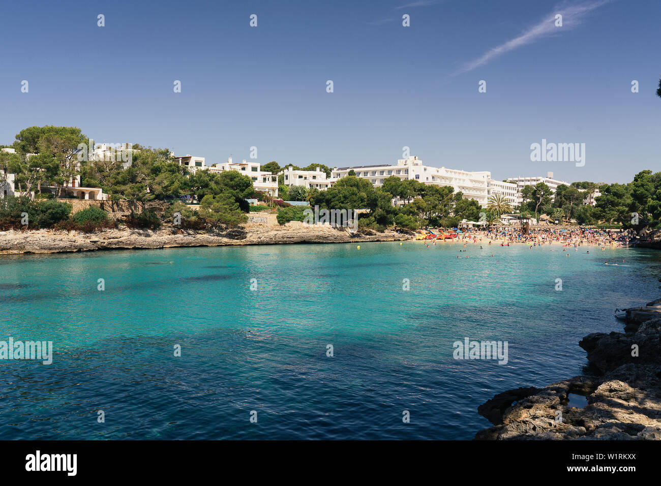 Panoramic view turquoise water of Gala Gran, cala DÒr, Majorca. Stock Photo