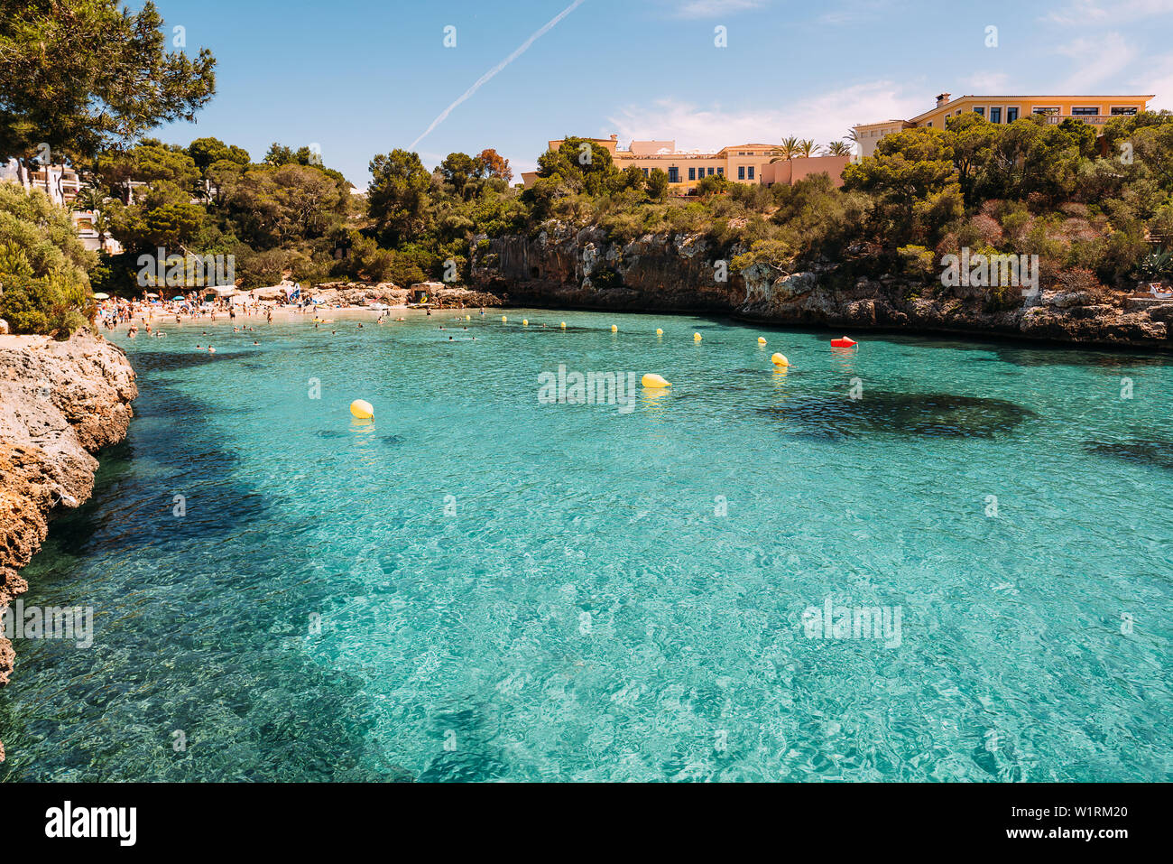 Panoramic view of turquoise water in Cala Ferrera in a sunny day, Cala D'Or, Majorca. Stock Photo