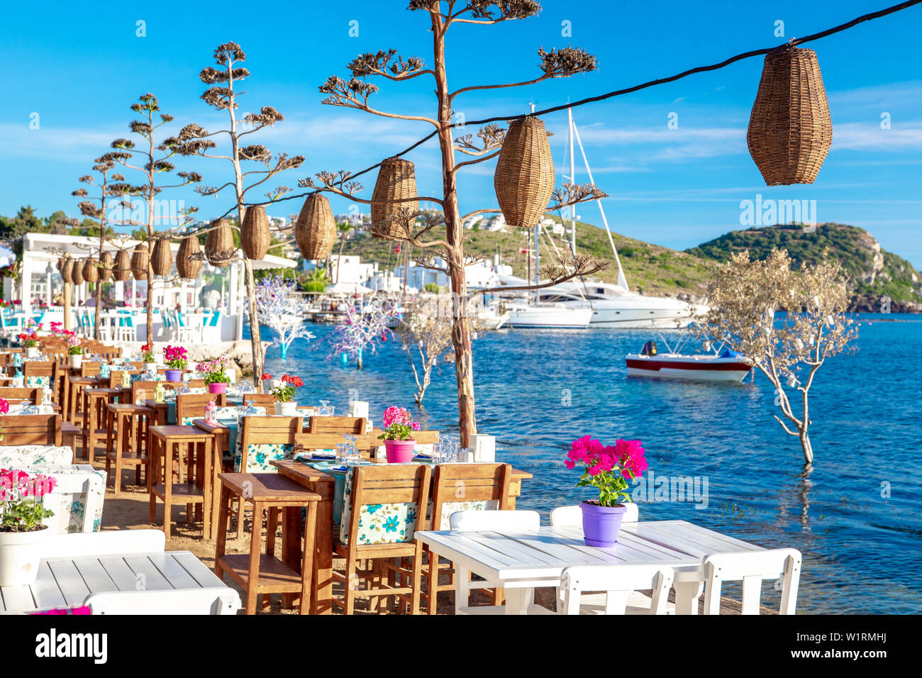 view of fish restaurant cafe and bougainvillea flowers on beach in gumusluk bodrum city of turkey aegean seaside style colorful chairs and tables stock photo alamy