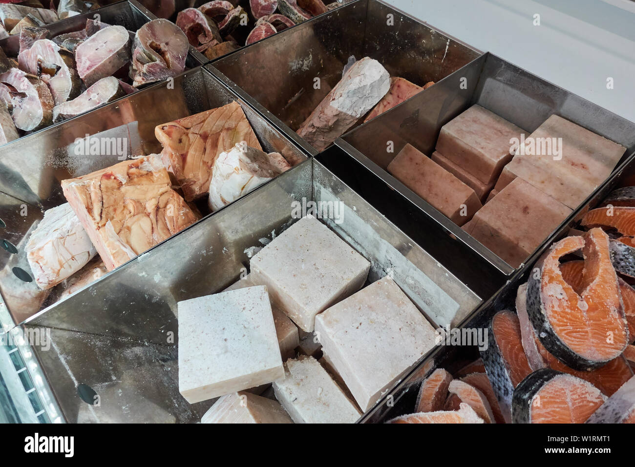 Frozen fish in the refrigerator grocery store Stock Photo Alamy