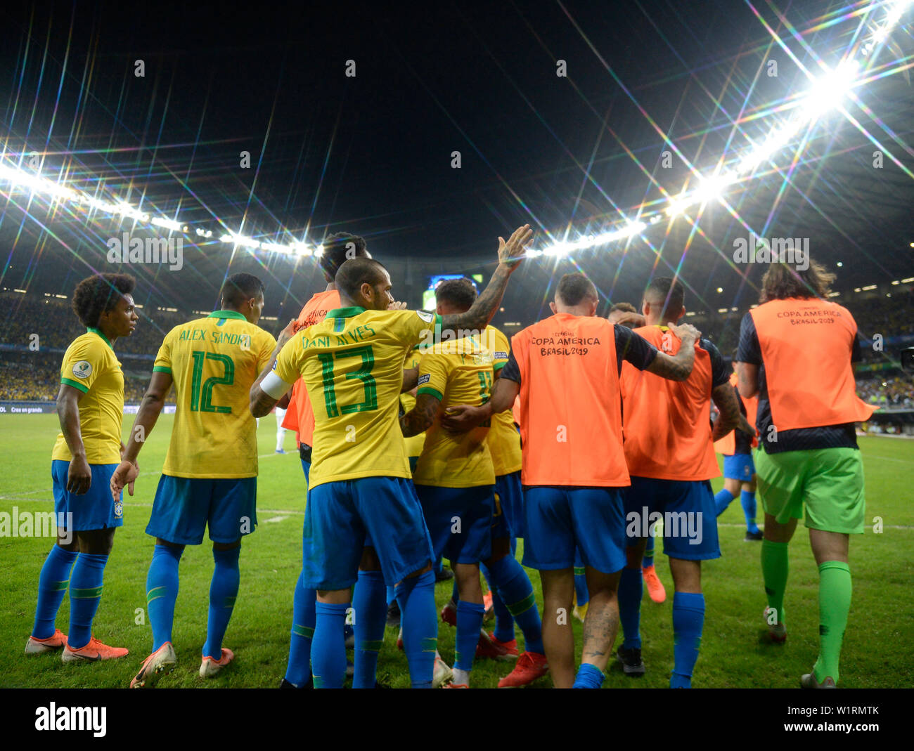 BELO HORIZONTE, BRAZIL - JULY 2, 2019: Brazil celebrates after scoring a goal during the 2019 Copa America Semi-Finals at Maracana Stadium. Stock Photo