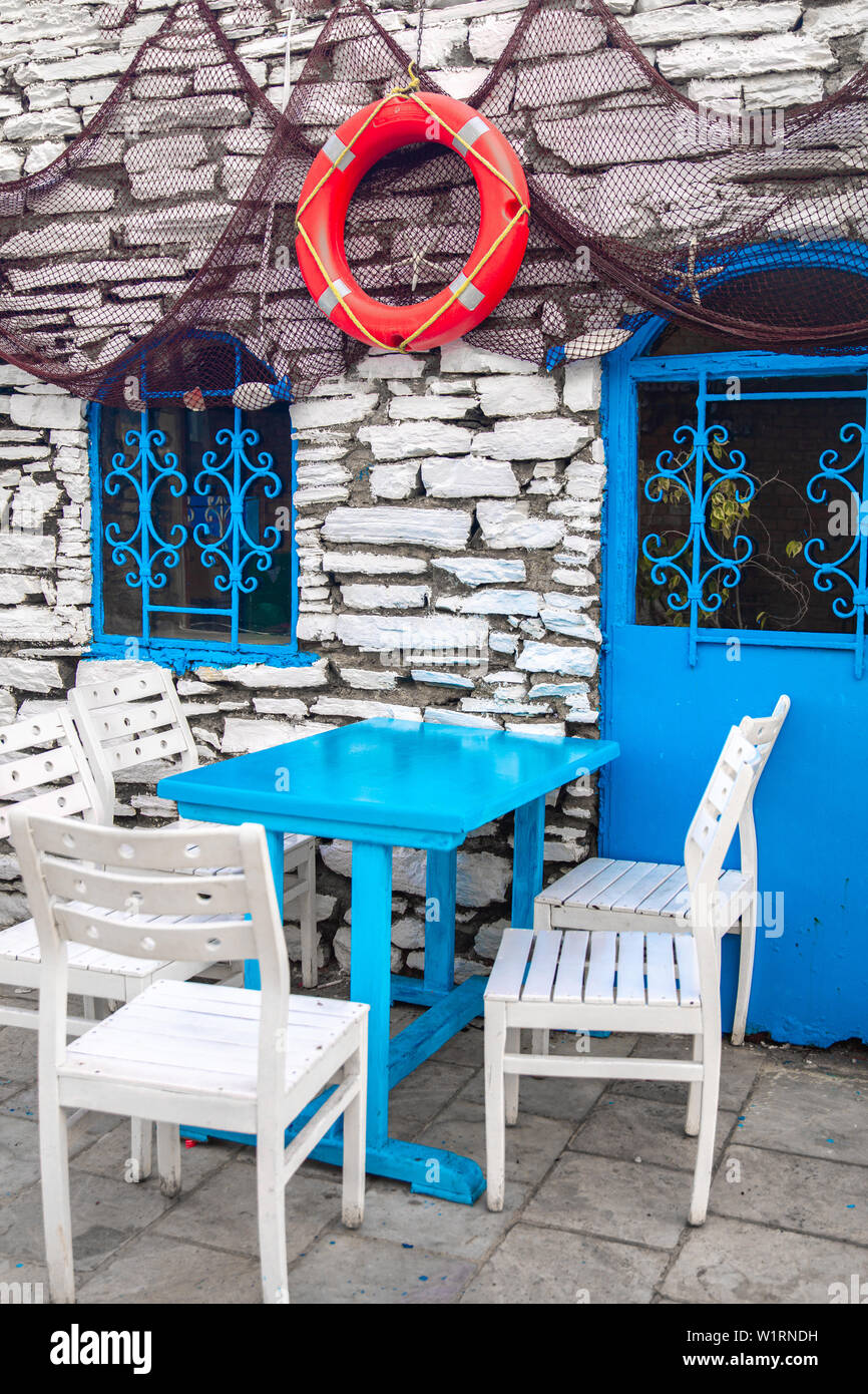 Traditional Greek Outdoor Restaurant With Mediterranean Sea View