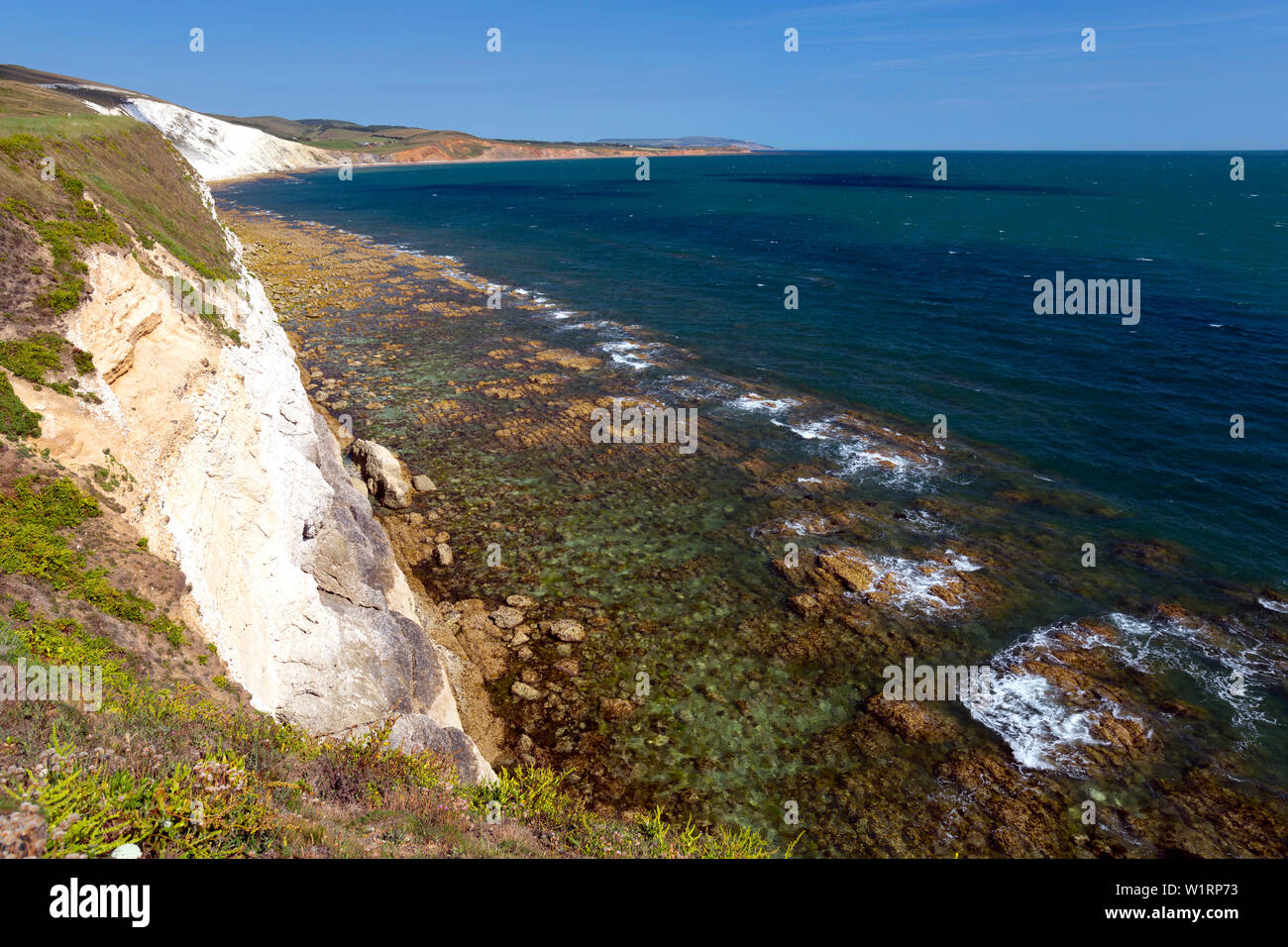 wave,cut,platform,chalk,cliffs,Compton Bay, Freshwater, Isle of Wight, England,UK,Geology, Stock Photo