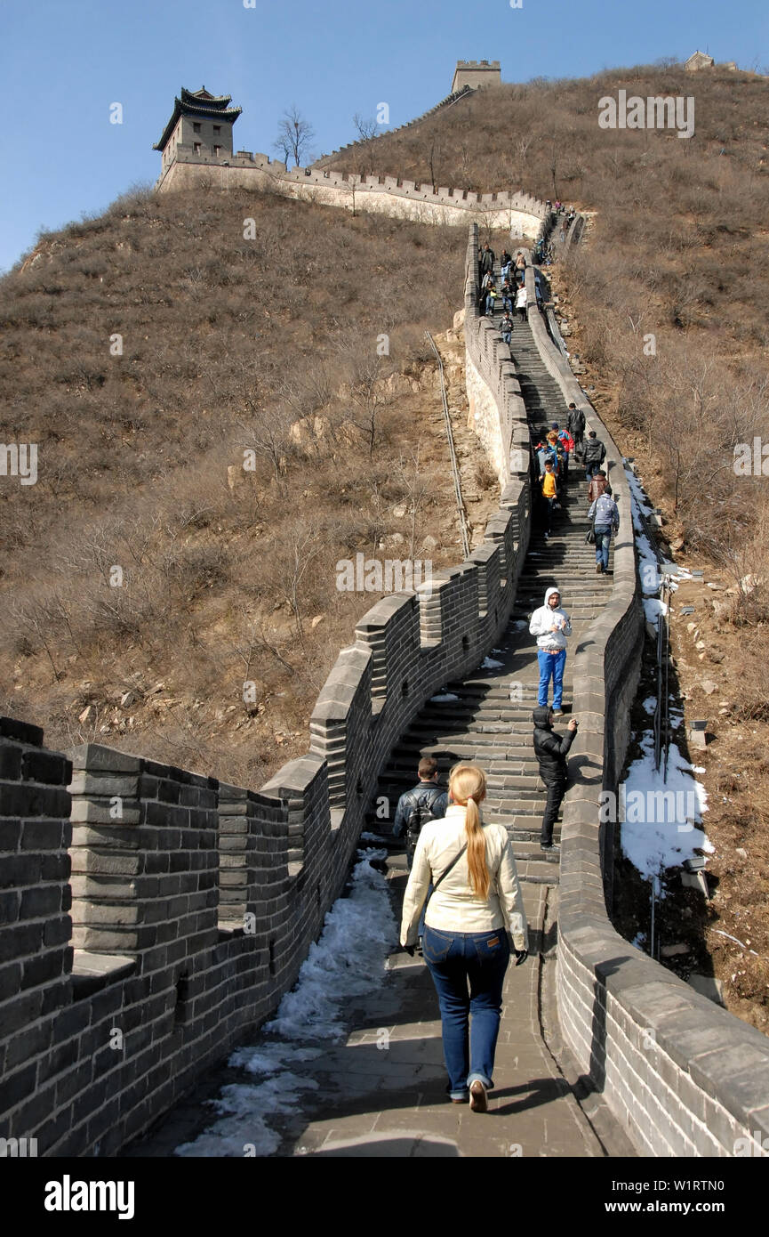 Great Wall of China at Juyongguan Beijing. Visitors walk on a steep