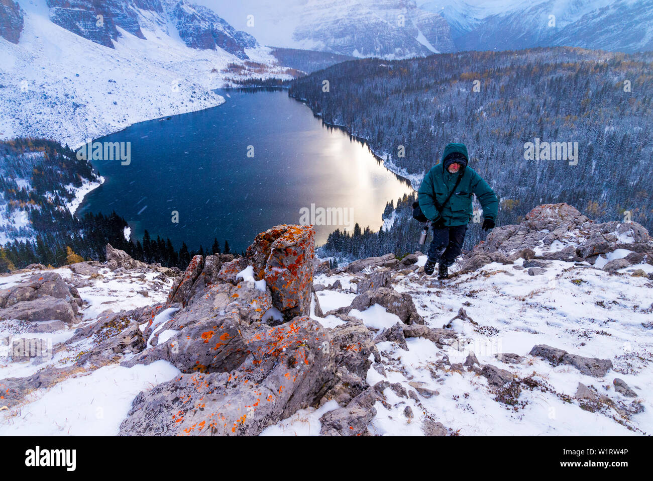 Man hiking in winter weather conditions, the Nublet, Mount Assiniboine Provincial Park, British Columbia, Canada Stock Photo