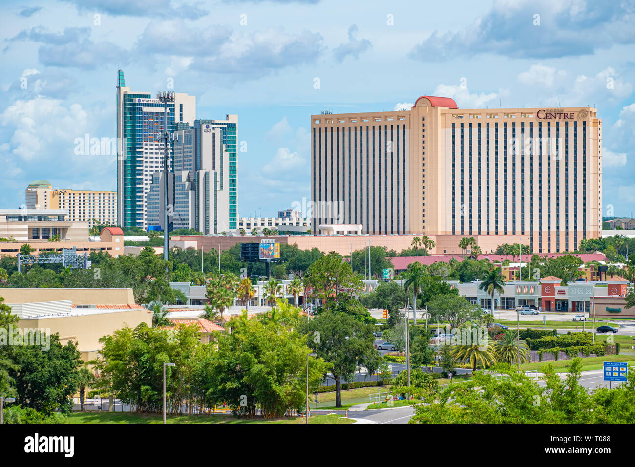 Orlando, Florida.  July 01, 2019 . Panoramic view of Hyatt Regency and Rosen Centre from Aquatica tower in International Drive area Stock Photo