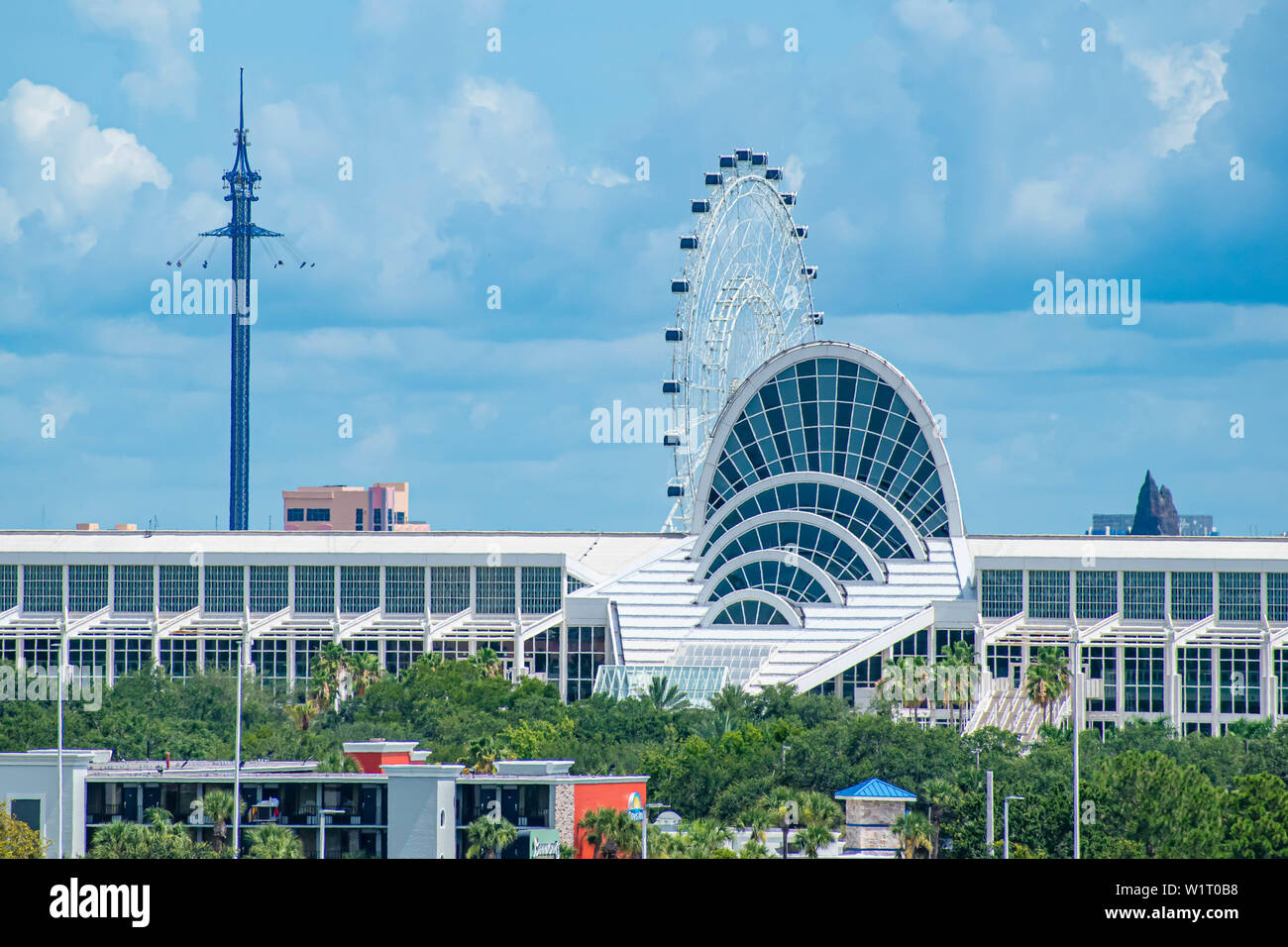 Orlando, Florida.  July 01, 2019  . Panoramic view of Orlando Convention Center, Sky Flyer and the Big Wheel Stock Photo