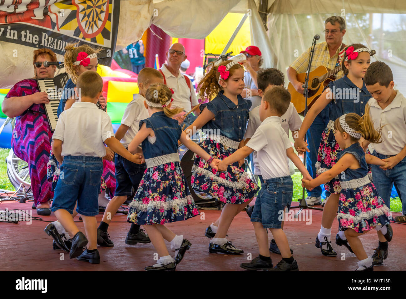 Pennsylvania, USA Jun 30, 2019 Hoedown folk dancing at the Kutztown Folk Festival by the