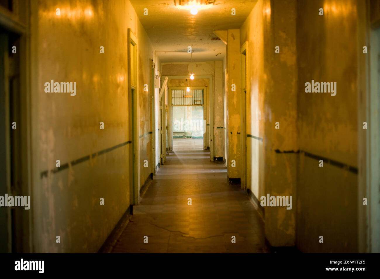 Hallway of a derelict building. Stock Photo