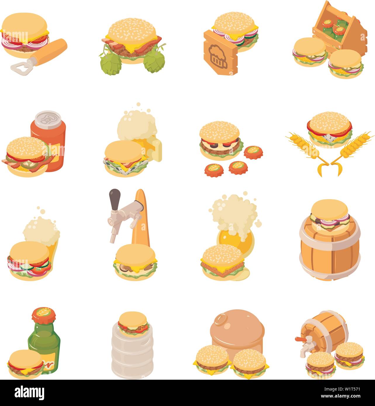 Beer evening icons set, isometric style Stock Vector