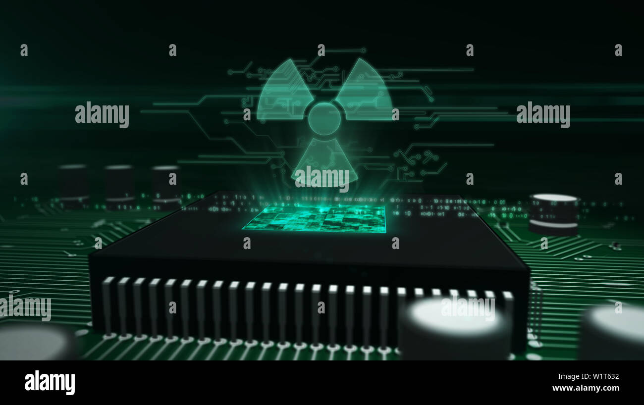 Nucelar danger icon glowing hologram over working cpu in background ...