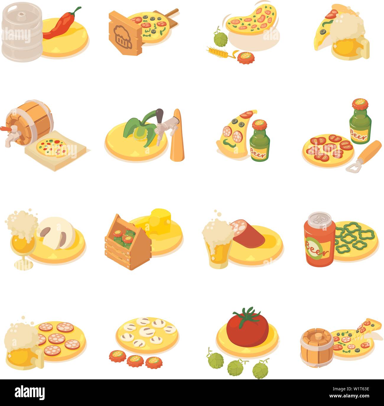 Pizza beer icons set, isometric style Stock Vector