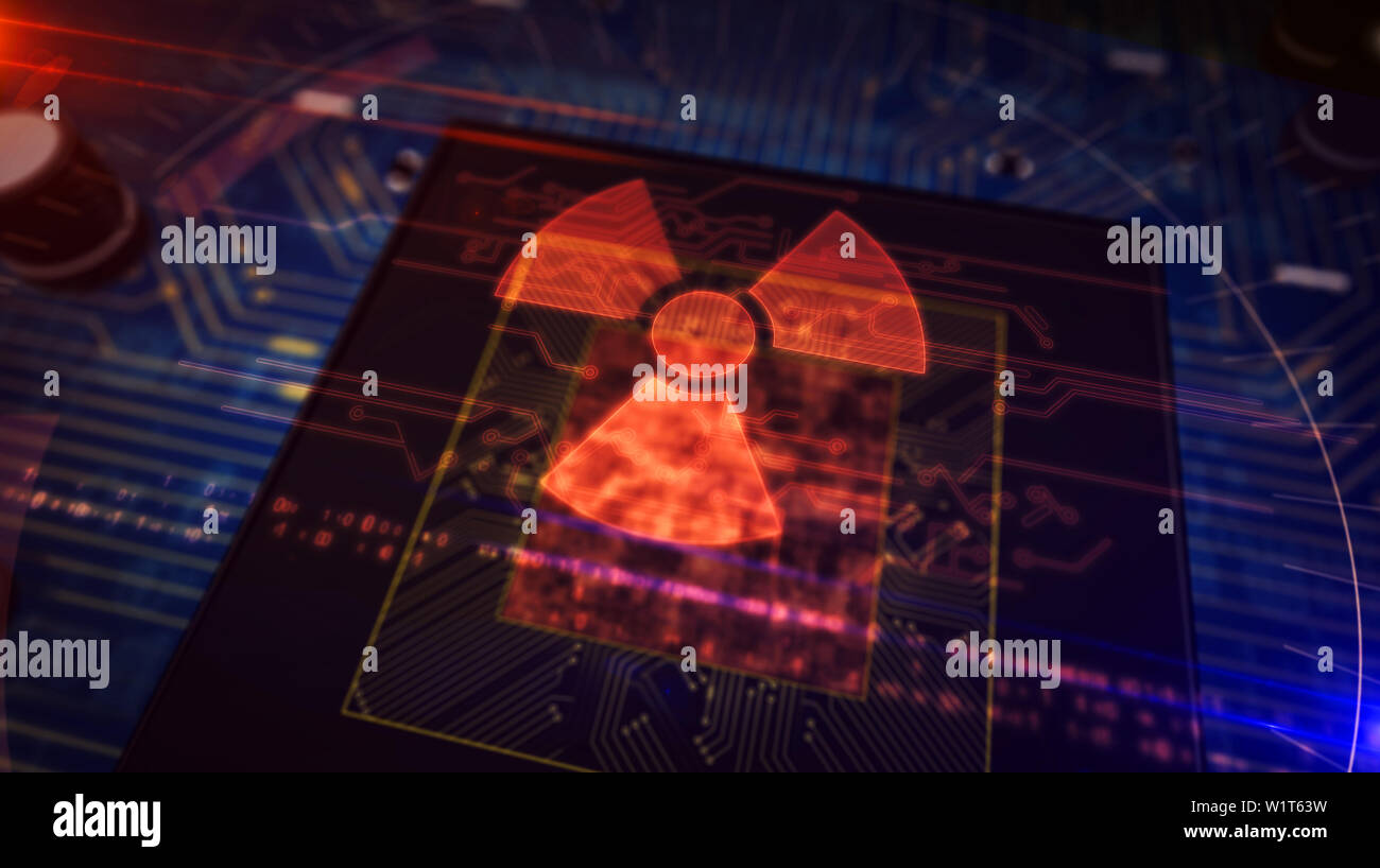 Nucelar danger icon glowing hologram over working cpu in background ...