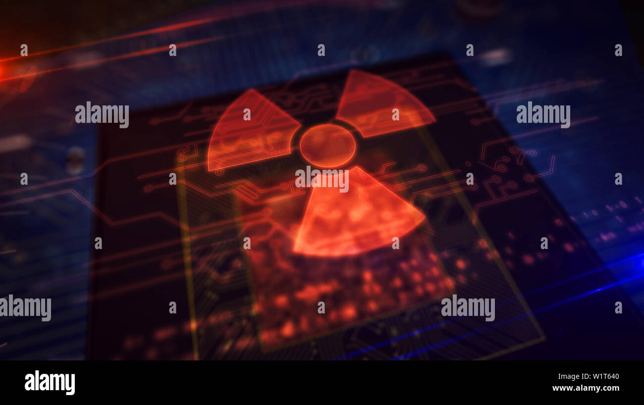 Nucelar danger icon glowing hologram over working cpu in background ...