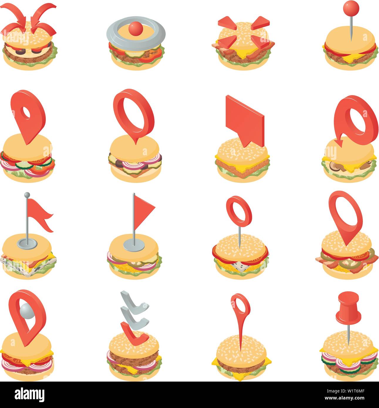 Hamburger steak icons set, isometric style Stock Vector