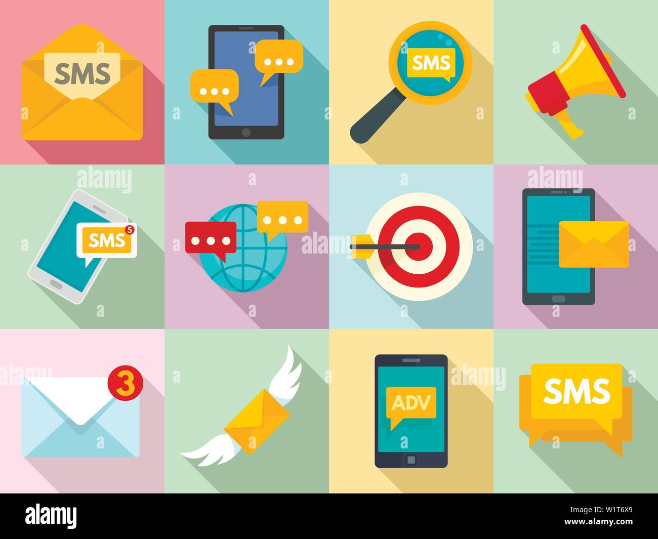 Sms marketing icons set. Flat set of sms marketing vector icons for web ...