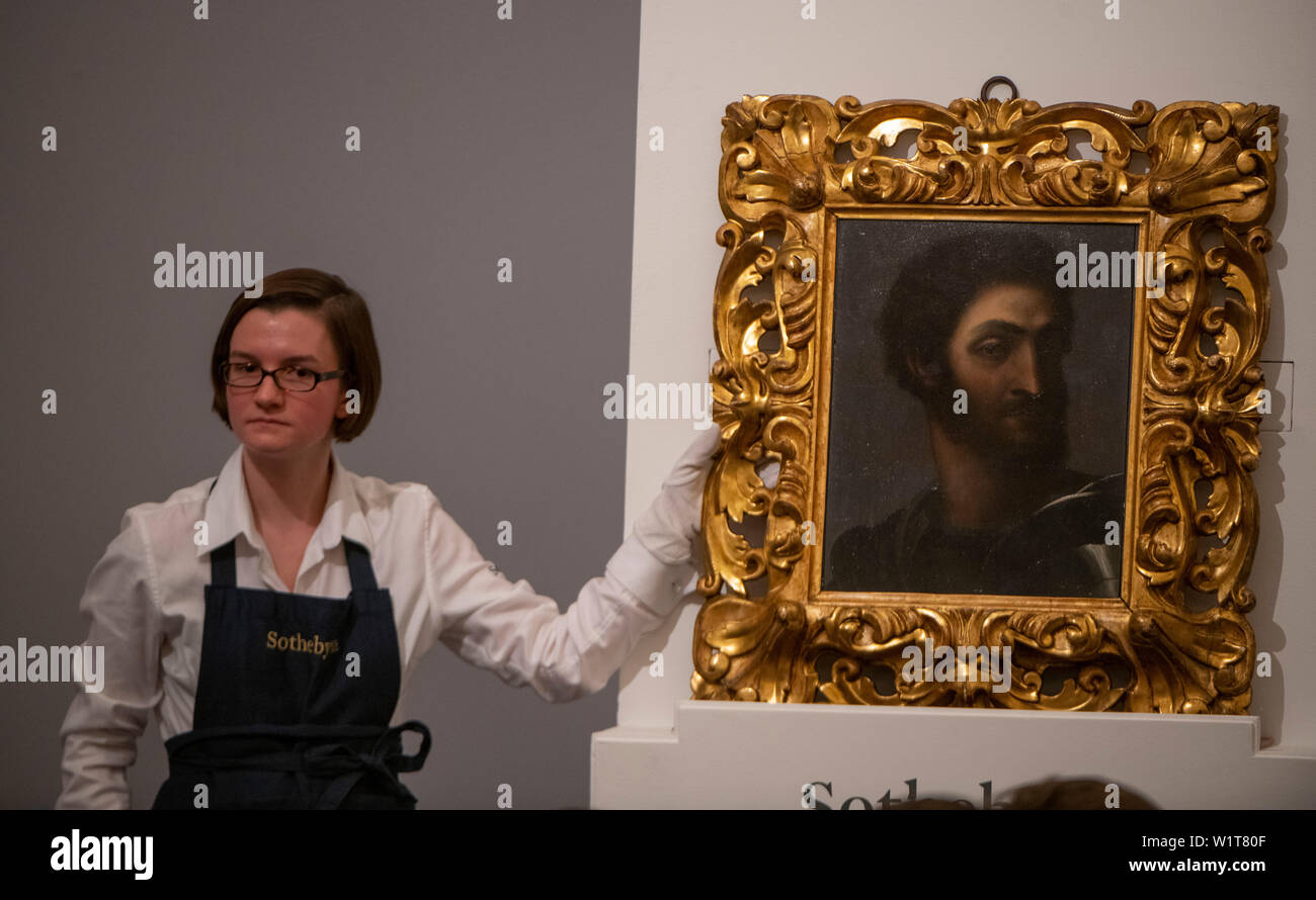 Sotheby’s, London, UK. 3rd July 2019. The summer Old Masters Evening sale offers paintings from the 14th - 19th century by many of the most important painters of Western art. Highlights include a masterpiece by each of Britain’s greatest landscape painters - Turner, Constable and Gainsborough - and extraordinary works from the Baroque by Ribera and the exceptionally rare Johann Liss. Image: Sebastiano Luciani, Portrait of a Man in Armour, said to be Ippolito De’Medici, sells for £925,000. Credit: Malcolm Park/Alamy Live News. Stock Photo