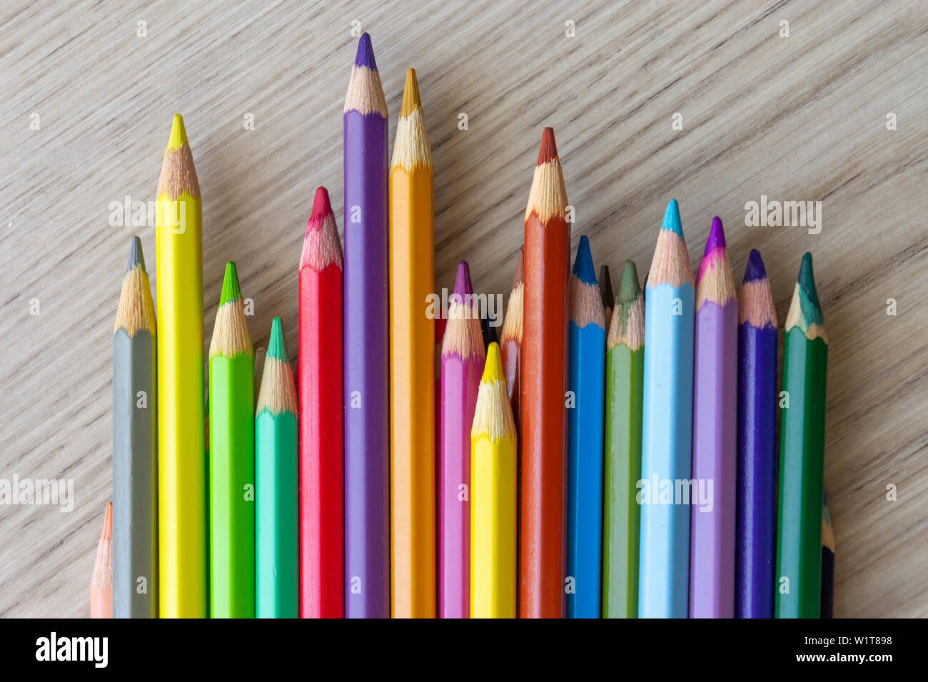 The group of a different length colored drawing pencils are laying on ...