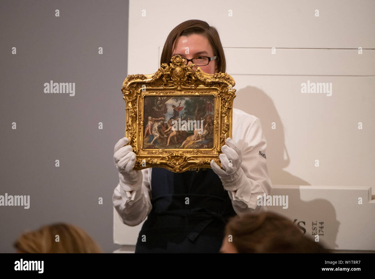 Sotheby’s, London, UK. 3rd July 2019. The summer Old Masters Evening sale offers paintings from the 14th - 19th century by many of the most important painters of Western art. Image: Joachim Antonisz Wtewael, “Diana and Actaeon” sold for £4.6 million - A small scale work intended for personal enjoyment by the most important artist of mythological cabinet pieces painted on copper in the Netherlands. Credit: Malcolm Park/Alamy Live News. Stock Photo