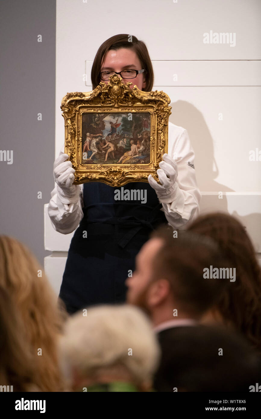 Sotheby’s, London, UK. 3rd July 2019. The summer Old Masters Evening sale offers paintings from the 14th - 19th century by many of the most important painters of Western art. Image: Joachim Antonisz Wtewael, “Diana and Actaeon” sold for £4.6 million - A small scale work intended for personal enjoyment by the most important artist of mythological cabinet pieces painted on copper in the Netherlands. Credit: Malcolm Park/Alamy Live News. Stock Photo