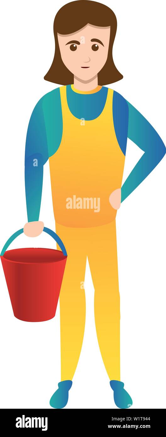Woman with red bucket icon. Cartoon of woman with red bucket vector ...