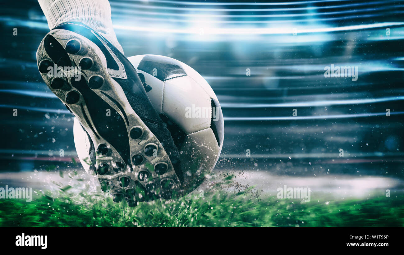 Football Scene At Night Match With Close Up Of A Soccer Shoe Hitting The Ball With Power Stock Photo Alamy Football Scene At Night Match With Close Up Of A Soccer Shoe Hitting The Ball With Power Stock Photo Alamy