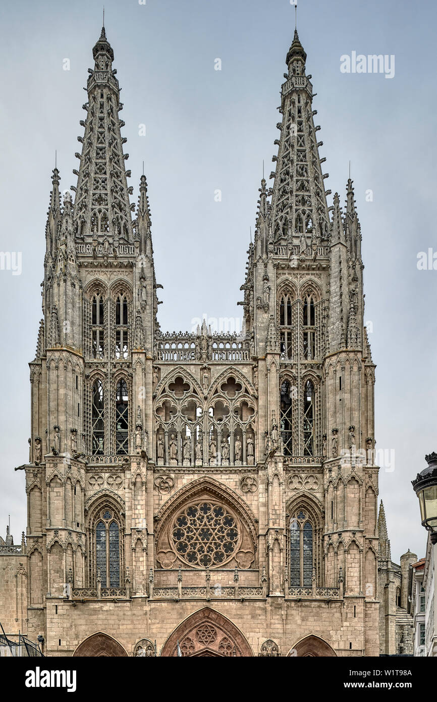 The Cathedral of Burgos is the masterpiece of Spanish Gothic, the first classical Gothic architecture in Castile and Spain. Stock Photo