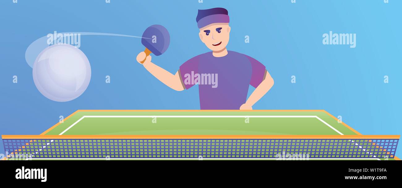 Man play table tennis concept banner. Cartoon illustration of man play