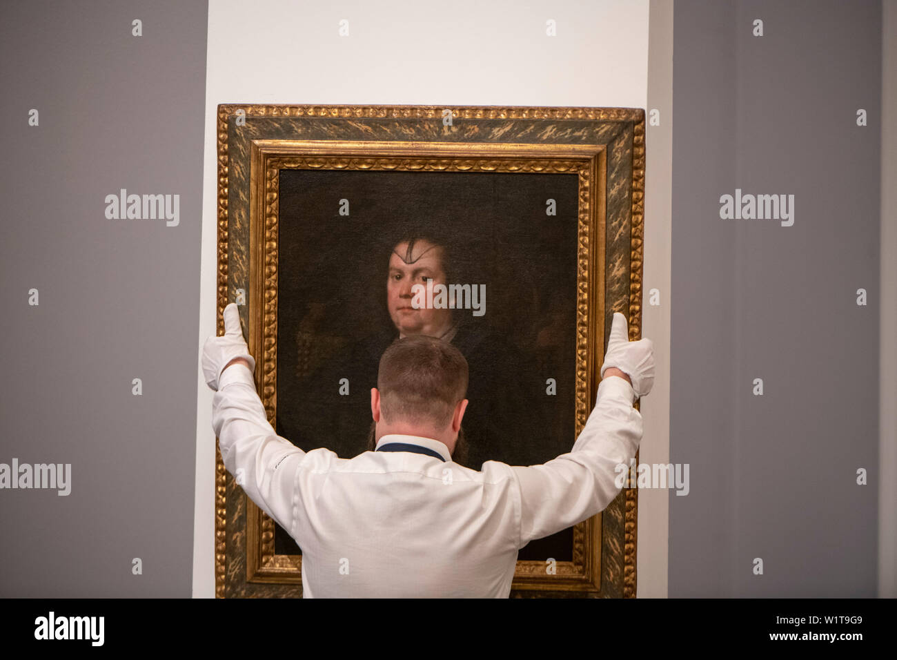 Sotheby’s, London, UK. 3rd July 2019. The summer Old Masters Evening sale offers paintings from the 14th - 19th century by many of the most important painters of Western art. Highlights include a masterpiece by each of Britain’s greatest landscape painters - Turner, Constable and Gainsborough - and extraordinary works from the Baroque by Ribera and the exceptionally rare Johann Liss. Image: Diego Rodríguez de Silva Y Velázquez, Portrait of Olimpia Maidalchini Pamphilj (1591-1657), sells for £2,495,000. Credit: Malcolm Park/Alamy Live News. Stock Photo