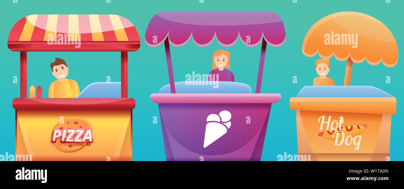 Street Food Kiosk Concept Banner Cartoon Illustration Of Street