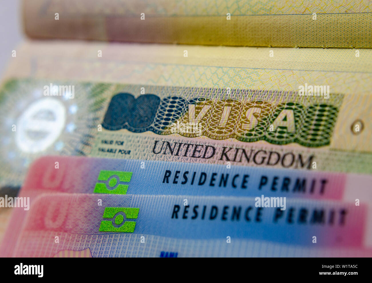 UK BRP cards for Tier 2 work visa placed on top of UK Business VISA sticker in the passport. Close up photo. Stock Photo