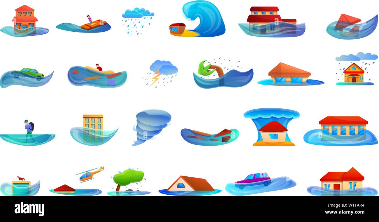 Flood icons set. Cartoon set of flood vector icons for web design Stock Vector