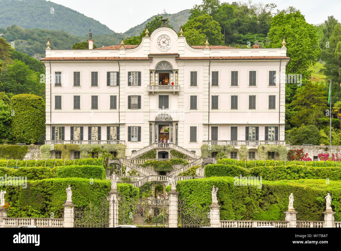TREMEZZO, LAKE COMO, ITALY - JUNE 2019: Exterior view of the front of the Villa Carlotta in Tremezzo on Lake Como. Stock Photo