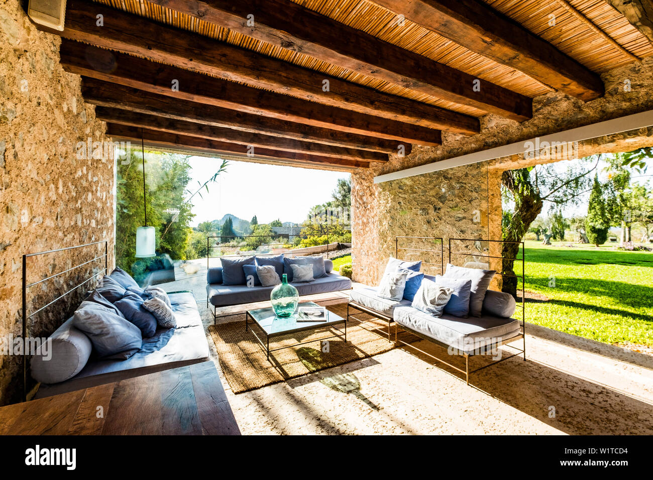lounge area at the Finca Son Gener near Arta, Mallorca, Balearic Islands, Spain Stock Photo