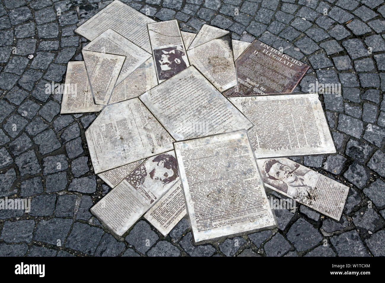 Flyer memorial for the resistance group Weisse Rose in front of the main entrance of LMU, Maxvorstadt, Munich, Upper Bavaria, Bavaria, Germany Stock Photo