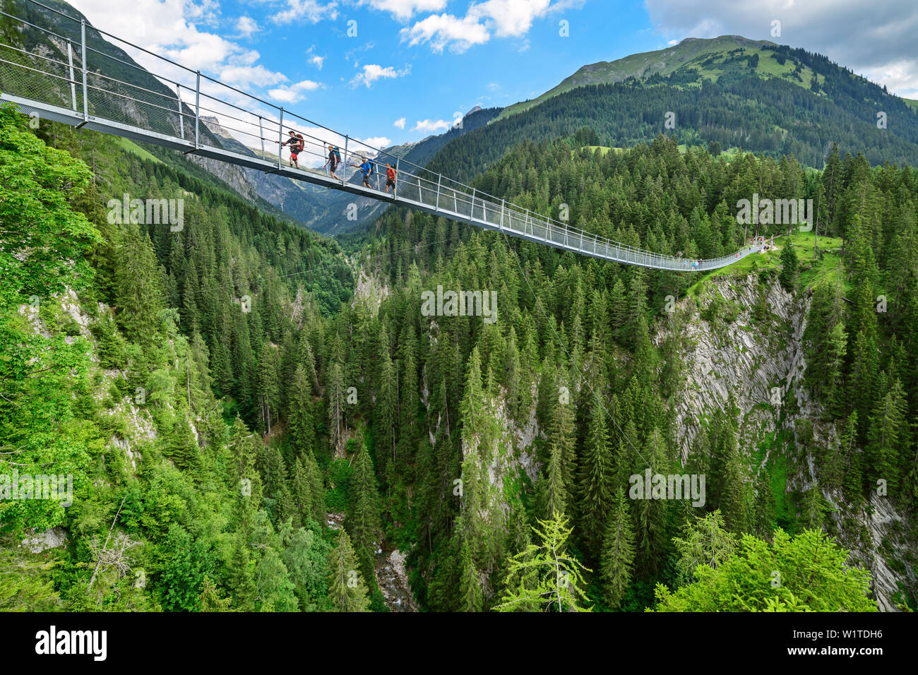 Several persons walking on suspension bridge, Holzgau, Lechweg, valley of Lech, Tyrol, Austria Stock Photo