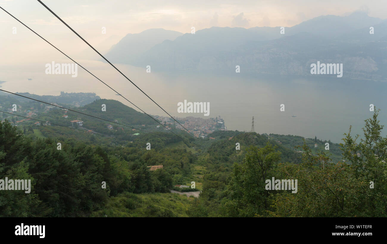 Top view from Monte Baldo to Malcesine Lake Garda. Stock Photo
