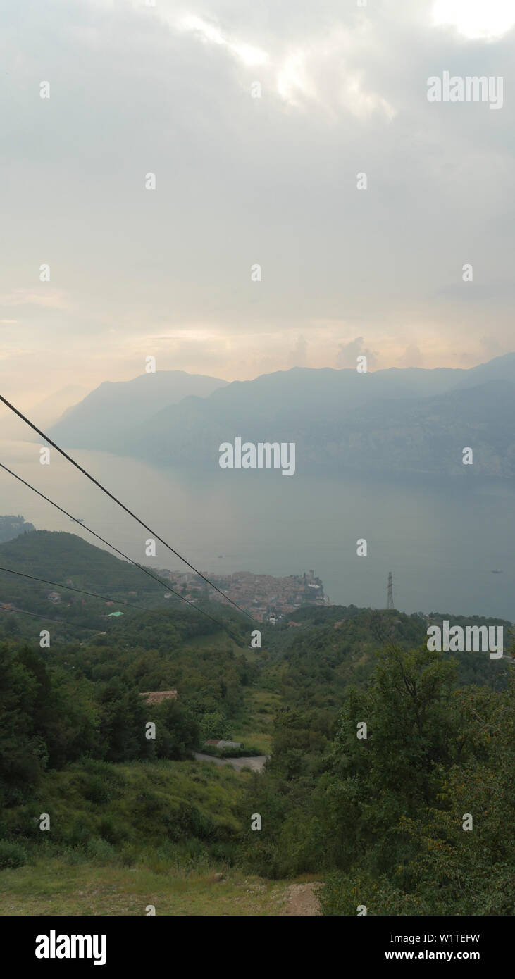Top view from Monte Baldo to Malcesine Lake Garda. Stock Photo