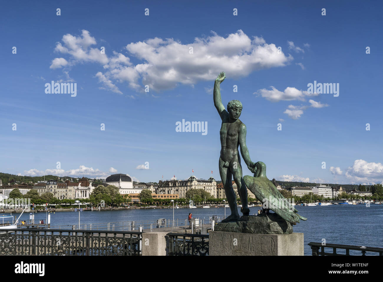 Switzerland Zurich Ganymed statue at riverbank Zurich lake Stock Photo