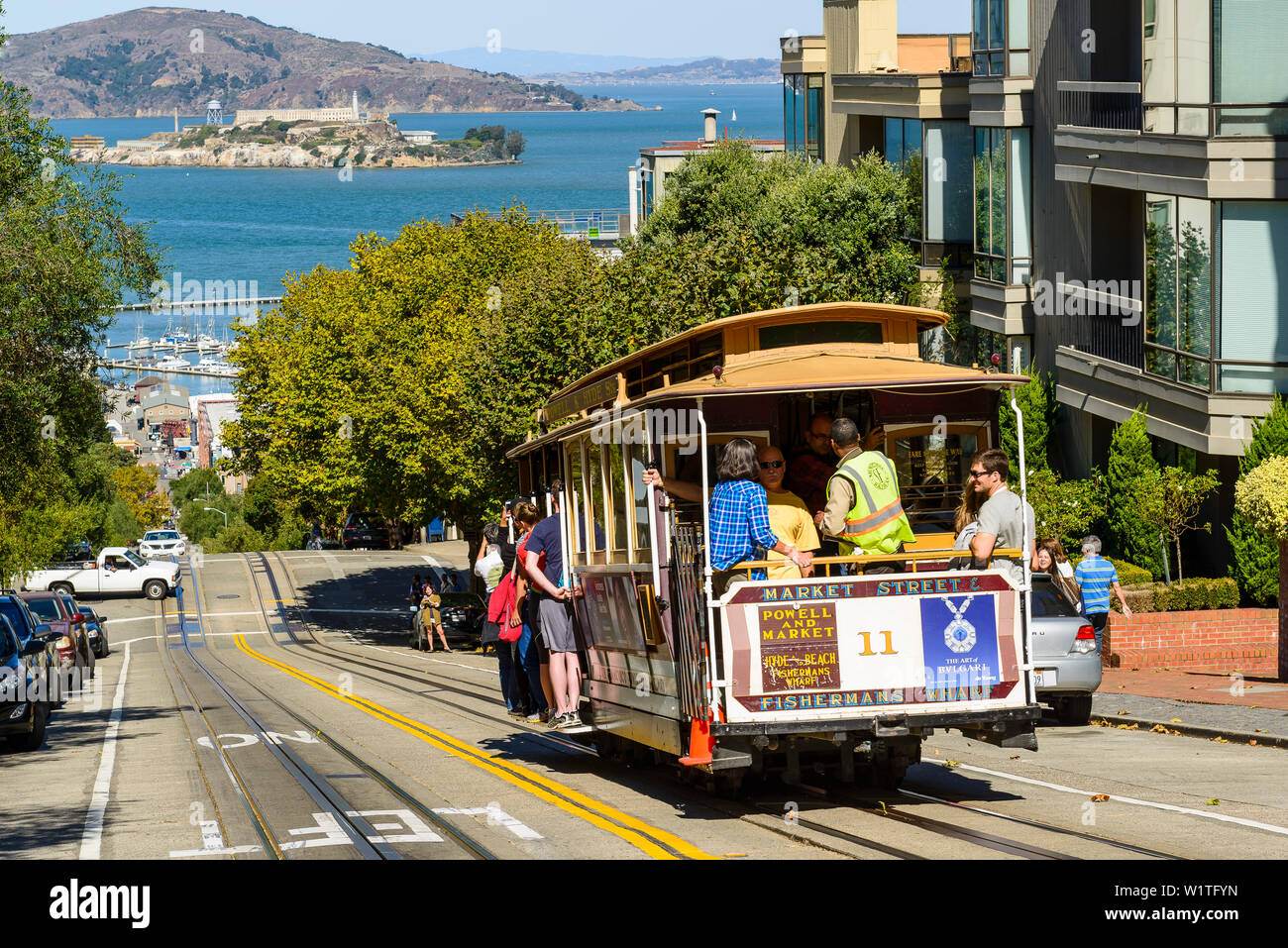 cablecar and Alcatraz, San Francisco, California, USA Stock Photo