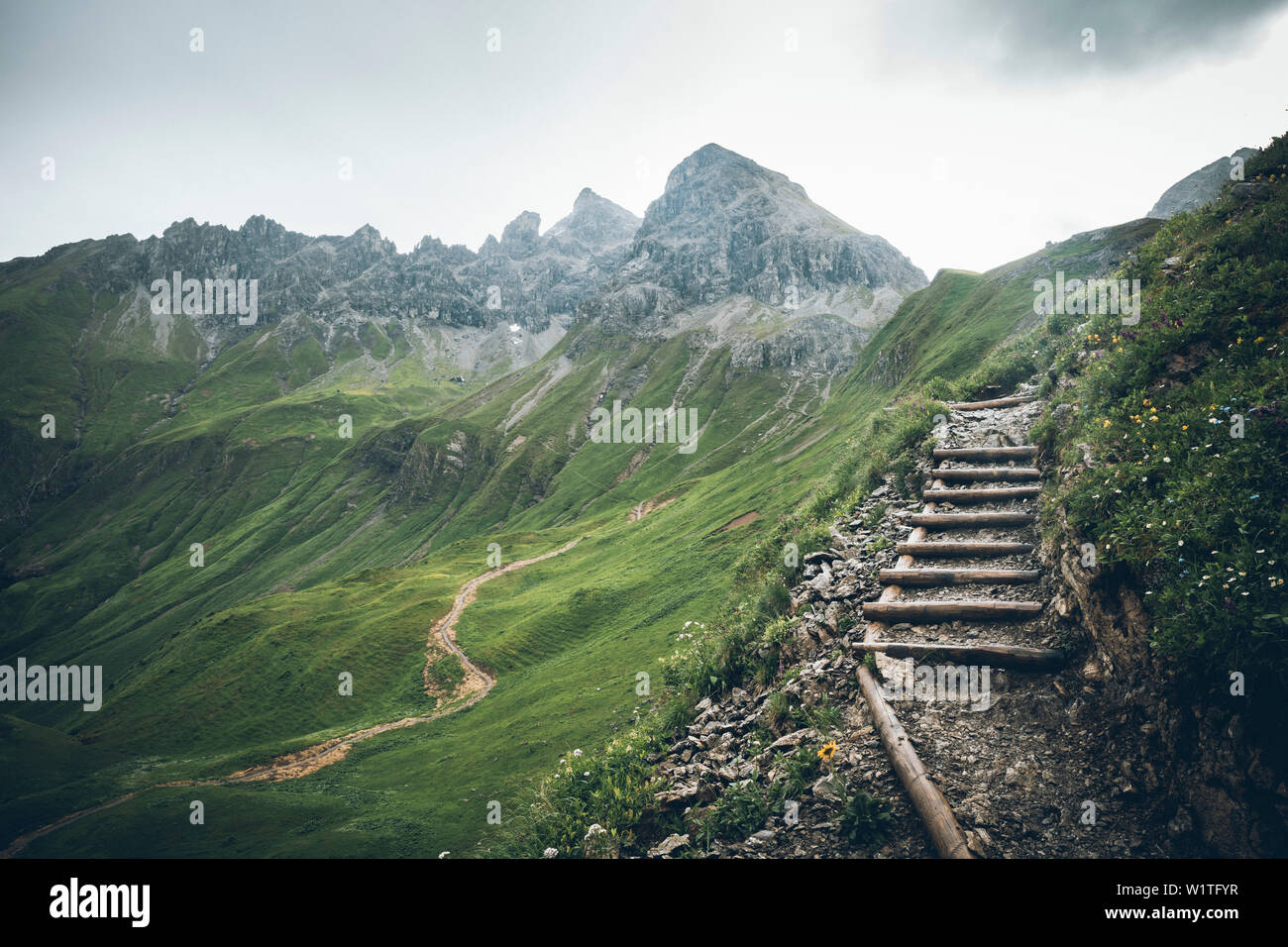 mountaintrail with steps, E5, Alpenüberquerung, 1st stage Oberstdorf Sperrbachtobel to Kemptnerhütte, Allgäu, Bavaria, Alps, Germany Stock Photo