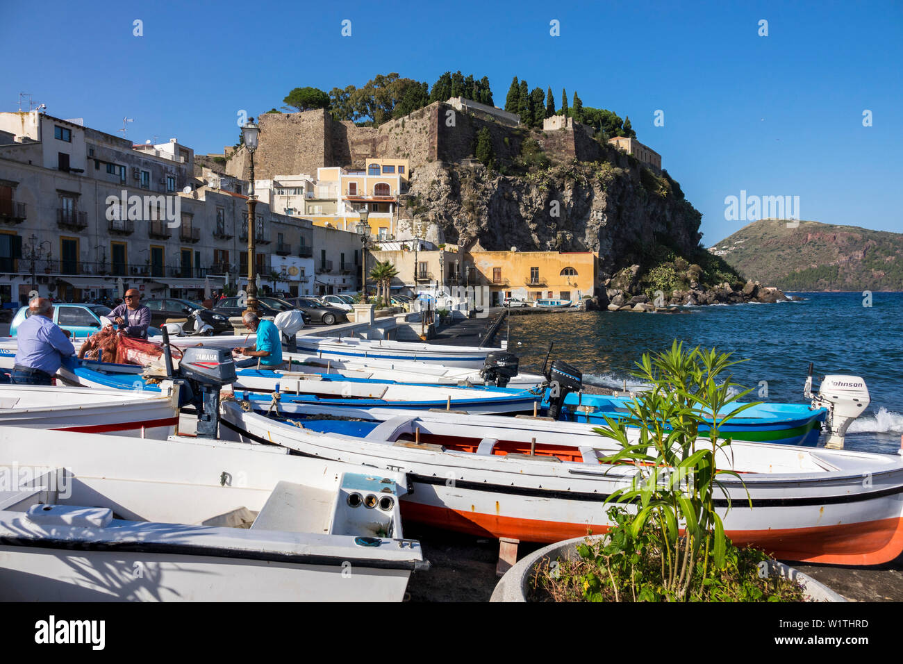 Harbour Marina Corta, Lipari town, Lipari Island, Aeolian Islands, Lipari Islands, Tyrrhenian Sea, Mediterranean Sea, Italy, Europe Stock Photo