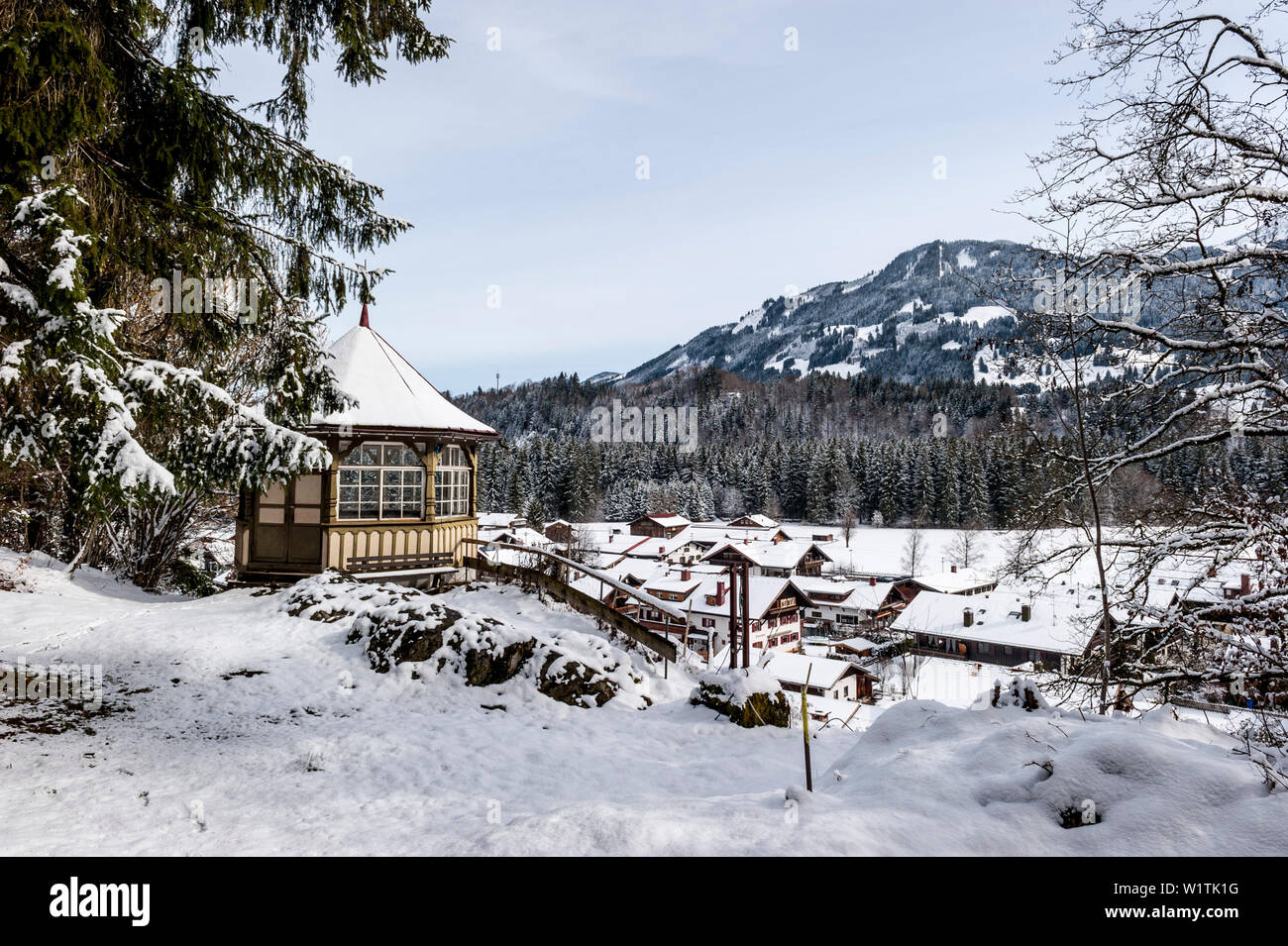 snowy landscape in Winter, Alps, Fischen, Langenwang, Illertal, Hoernerdoerfer, Allgaeu, Baden-Wuerttemberg, Germany, Europe Stock Photo