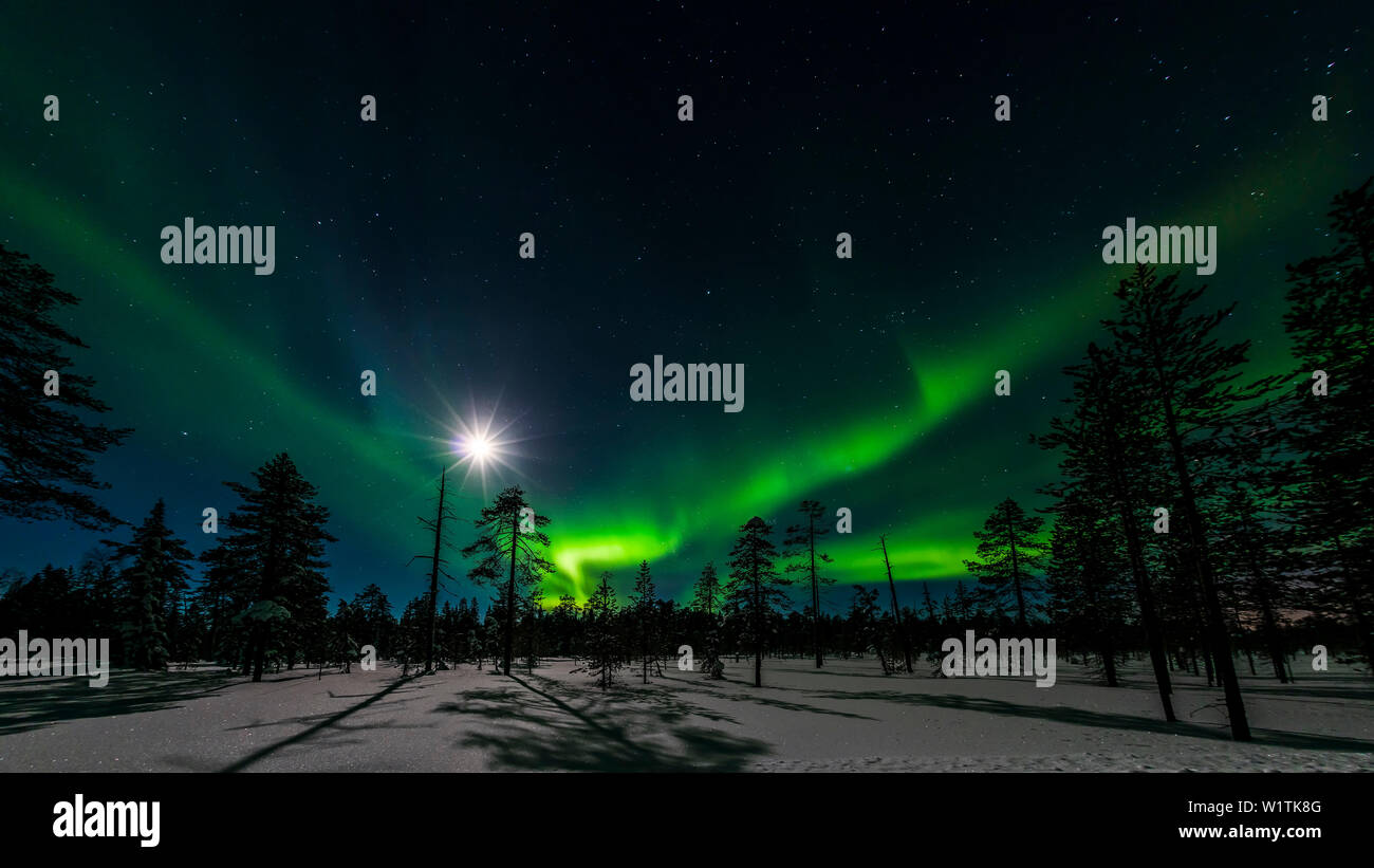 Northern lights and full moon near Luosto, finnish Lapland Stock Photo