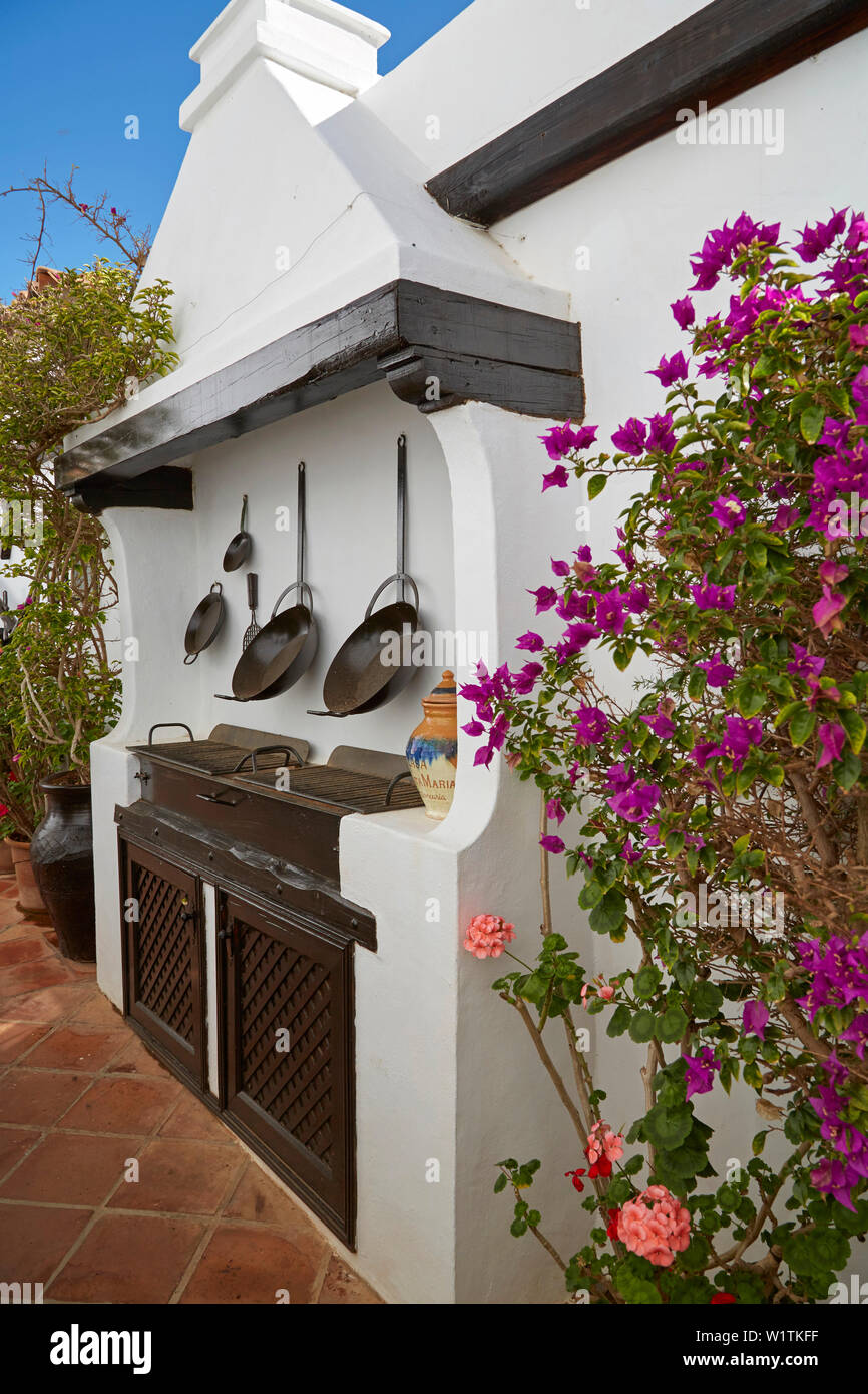 Open air kitchen and Casa Santa María at Betancuria, Fuerteventura, Canary Islands, Islas Canarias, Atlantic Ocean, Spain, Europe Stock Photo