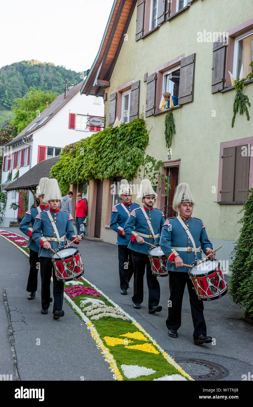 Marching band, Petals on the floor, Flower carpet, Corpus Christi, Feast of Corpus Christi