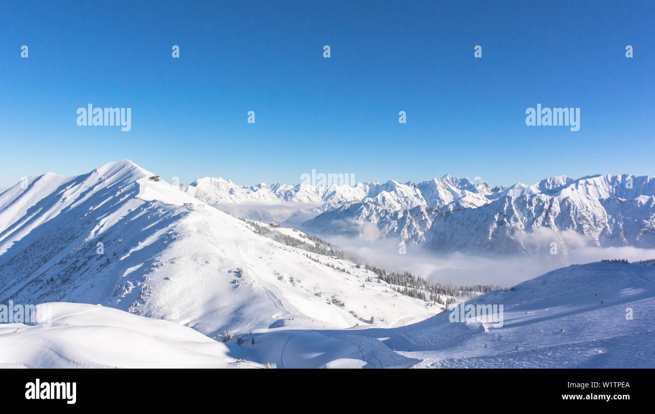 Germany, Bavaria, Alps, Oberallgaeu, Oberstdorf, Fellhorn, Winter landscape, Winter holidays, Winter sports, Mountain panorama with Mountain peaks Stock Photo