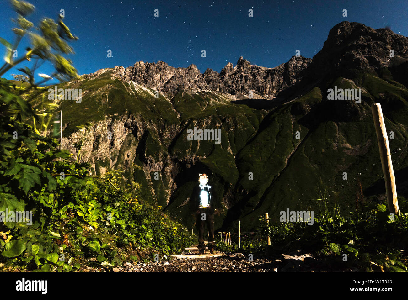 Muttlerkopf at night, Kemptner Hütte, long-distance hiking trail, mountain landscape, summit, hiking holiday, nature, Mountain tour, starry sky, summi Stock Photo