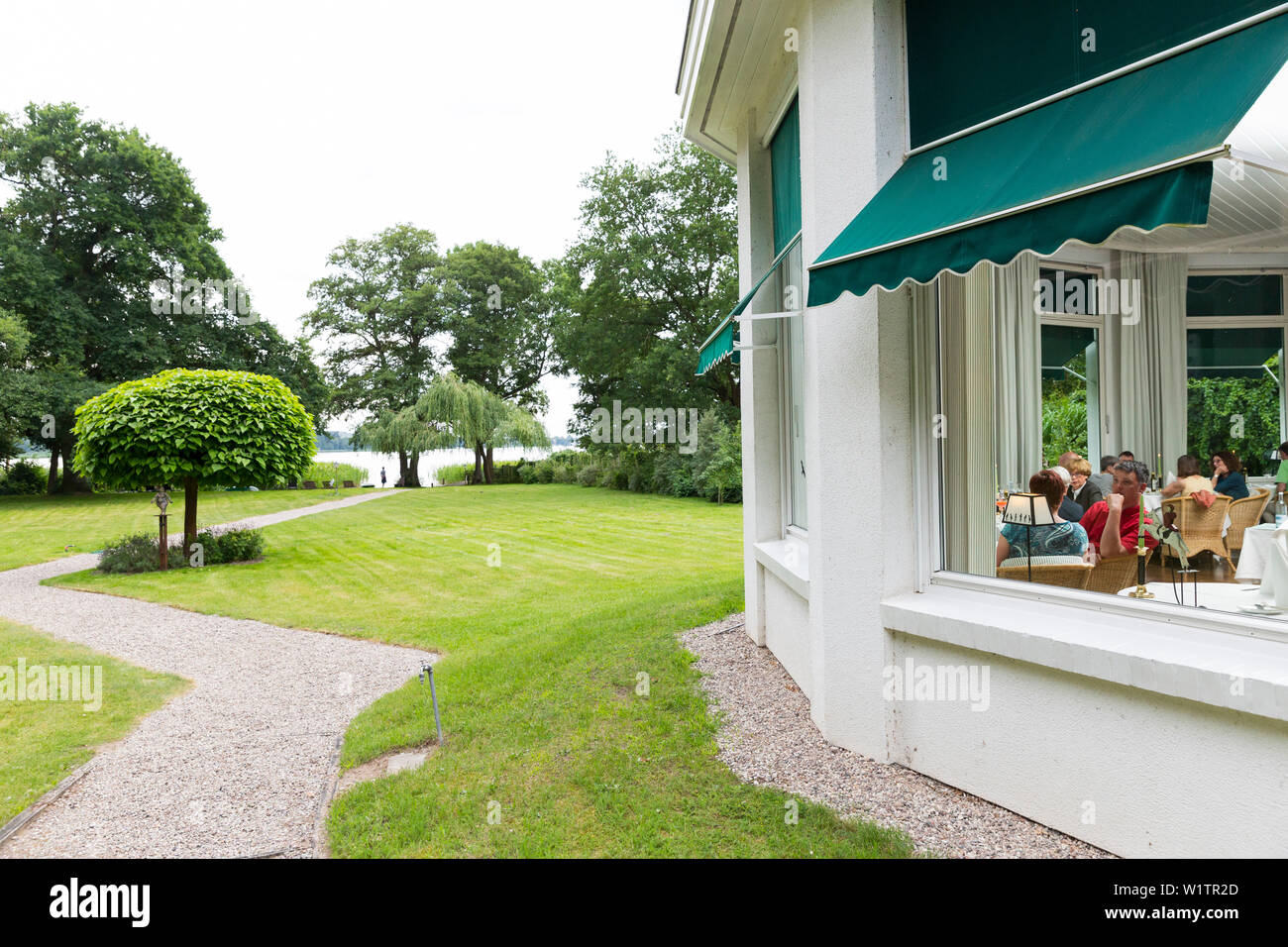 Restaurant at the lake Krakower See, name Ich weiss ein Haus am See, Mecklenburg lakes, Mecklenburg lake district, Krakow, Mecklenburg-West Pomerania, Stock Photo